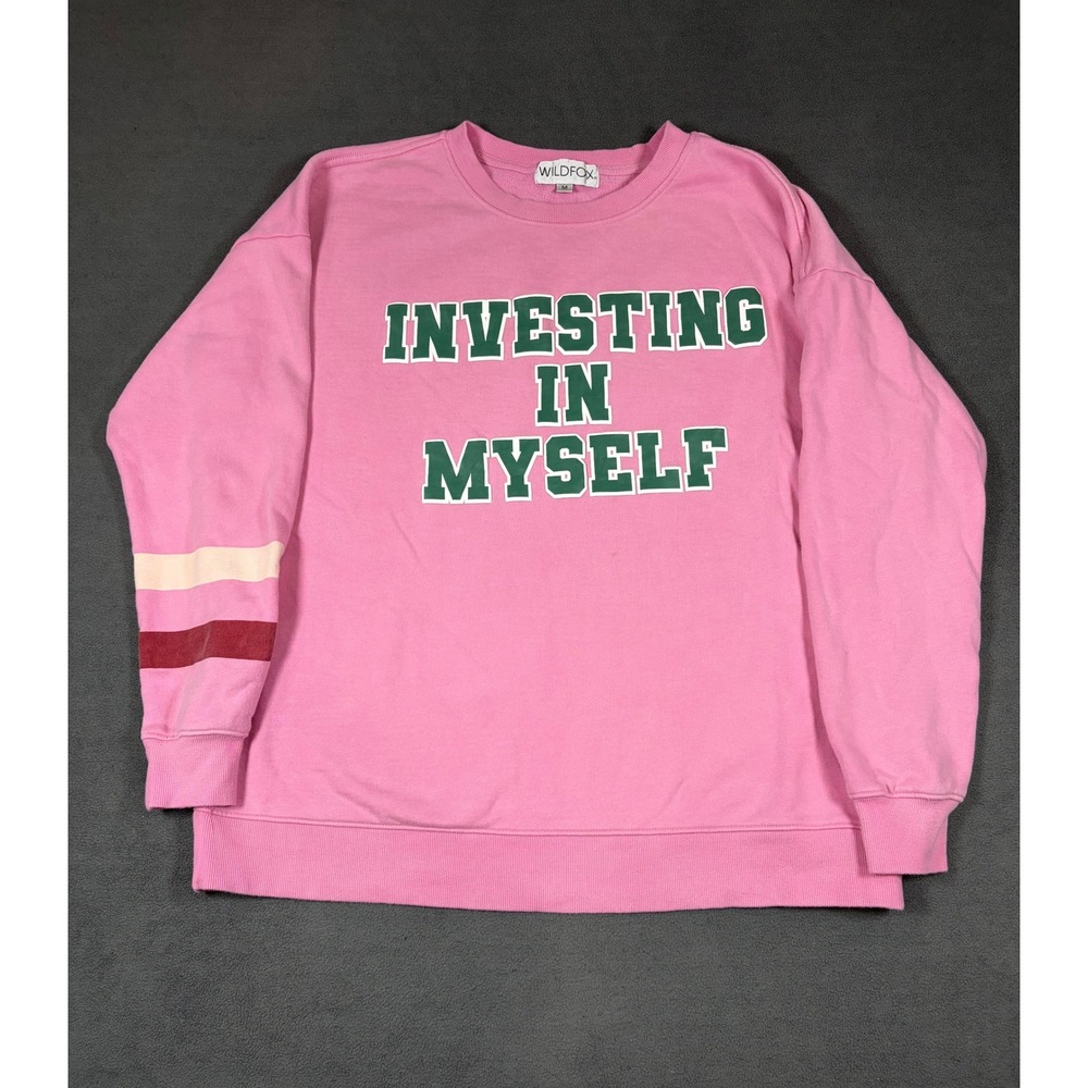 Wildfox Sweatshirt Womens Medium Pink Investing In Myself Graphic Striped Sleeve